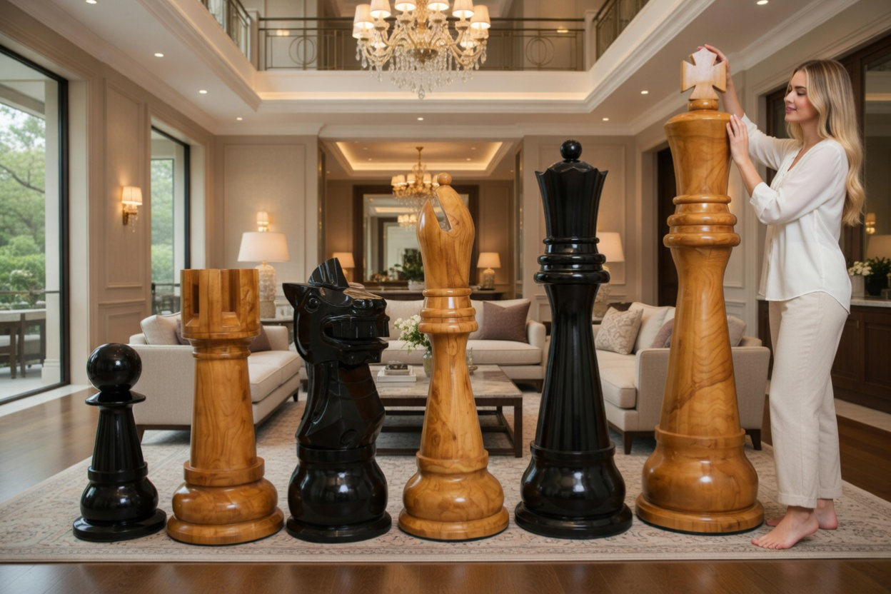Architectural Giant Chess Design oversized outdoor chess set in luxury tropical resort environment