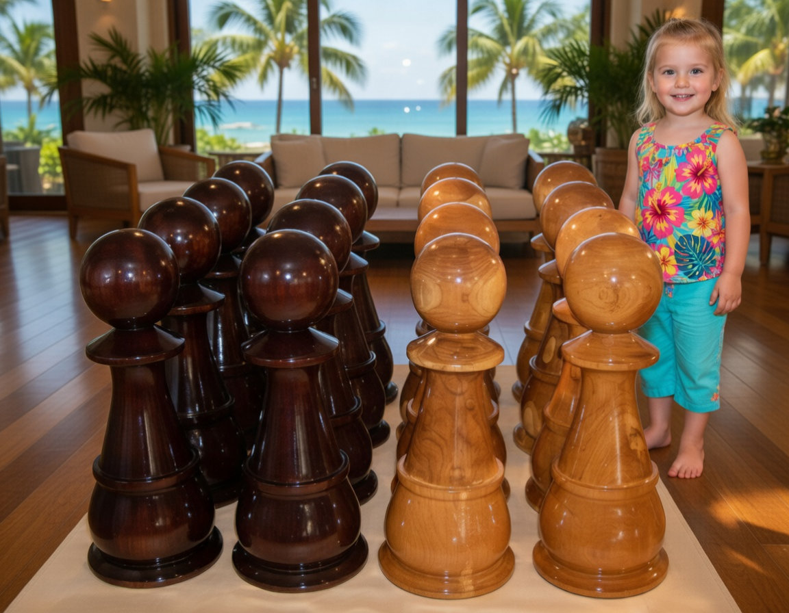 Premium Garden Chess Installation oversized outdoor chess set in luxury tropical resort environment