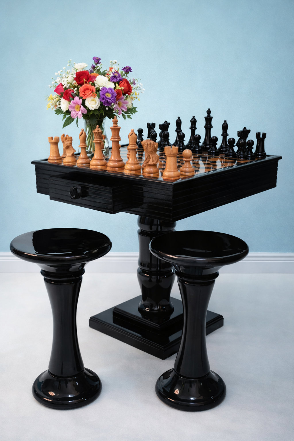 Modern Luxury Chess Lifestyle oversized outdoor chess set in luxury tropical resort environment