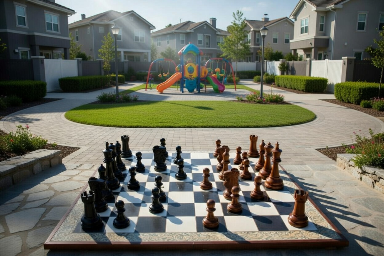 Handcrafted Giant Chess Showcase oversized outdoor chess set in luxury tropical resort environment