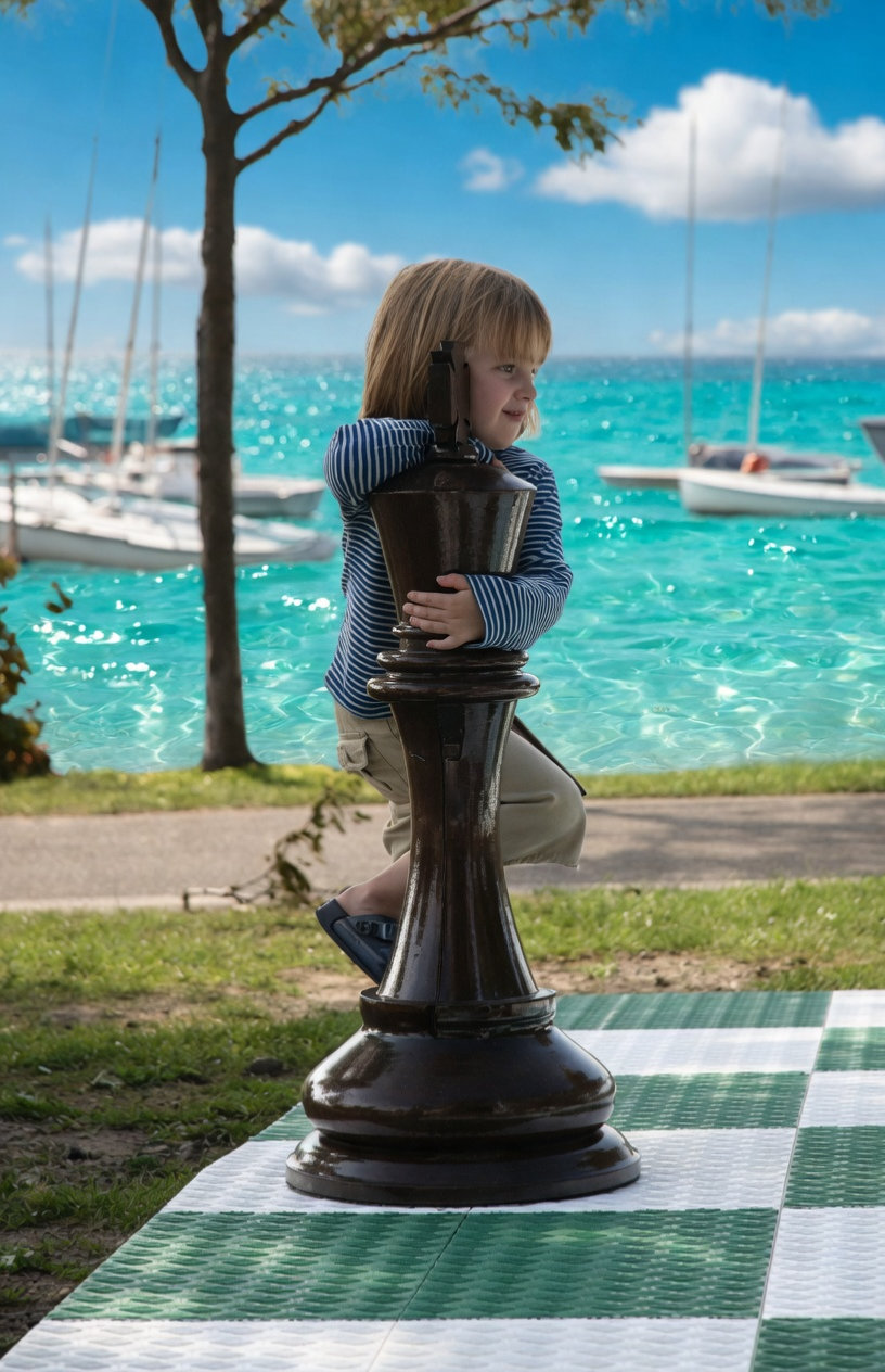 Elegant Outdoor Chess Collection oversized outdoor chess set in luxury tropical resort environment