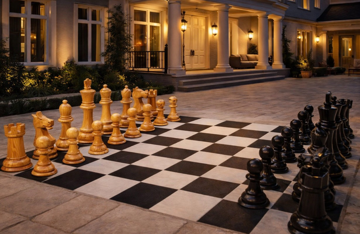 Exclusive Giant Chess Gallery oversized outdoor chess set in luxury tropical resort environment