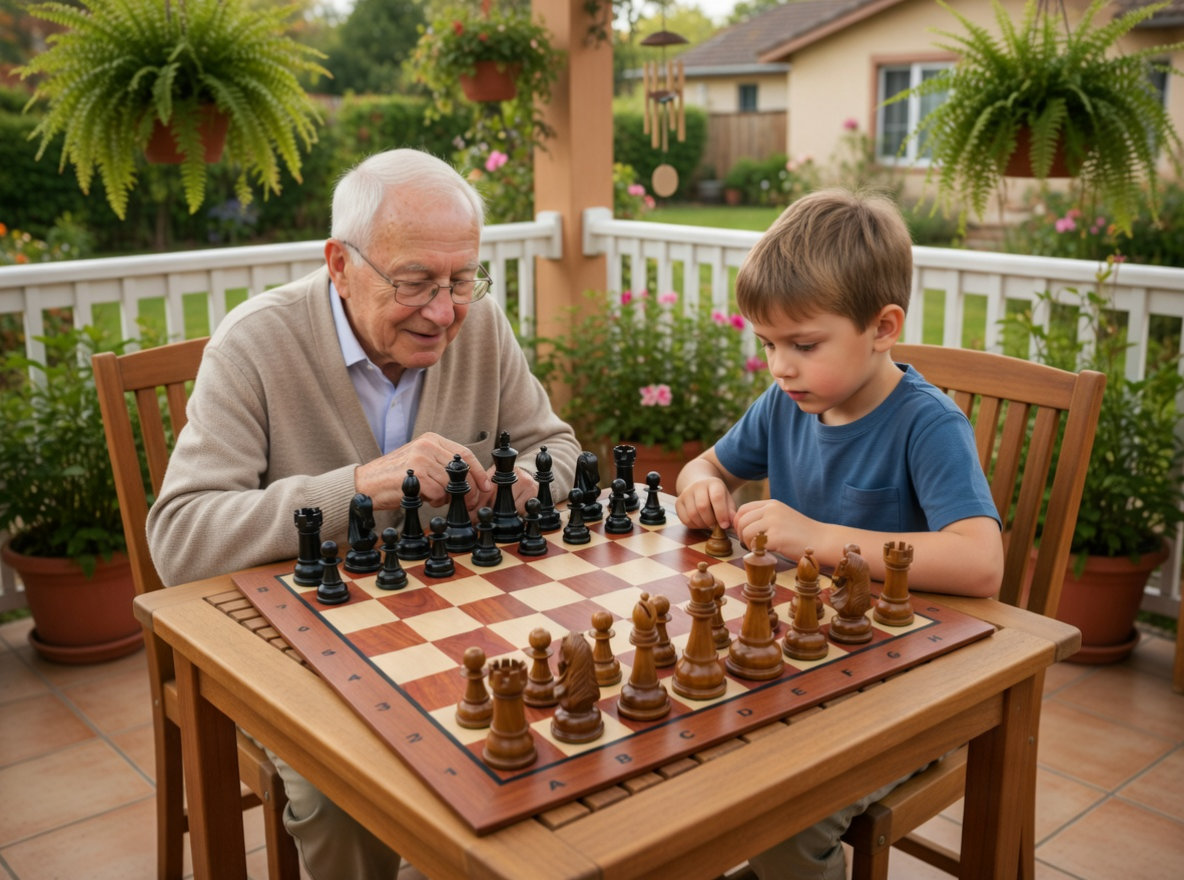 Elegant Outdoor Chess Collection oversized outdoor chess set in luxury tropical resort environment