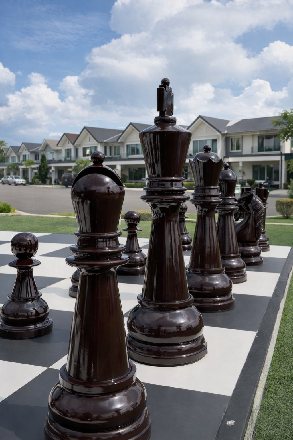 Architectural Giant Chess Design oversized outdoor chess set in luxury tropical resort environment