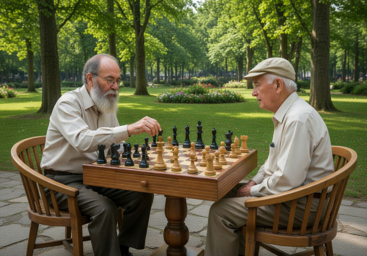 Modern Luxury Chess Lifestyle oversized outdoor chess set in luxury tropical resort environment