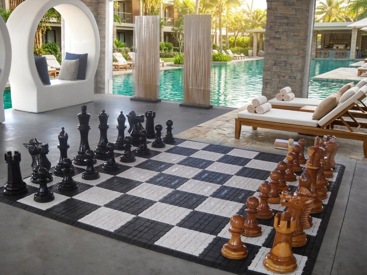 Architectural Giant Chess Design oversized outdoor chess set in luxury tropical resort environment