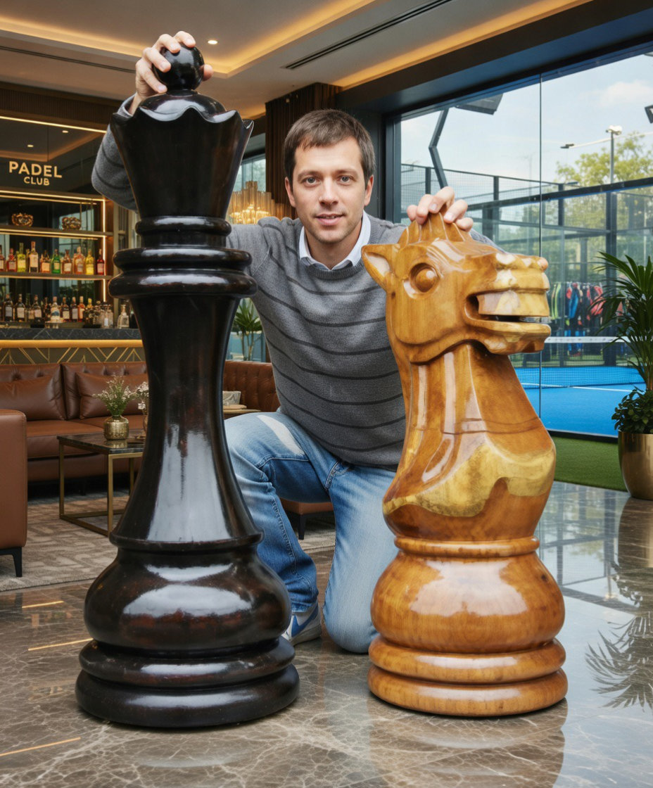 Exclusive Giant Chess Gallery oversized outdoor chess set in luxury tropical resort environment
