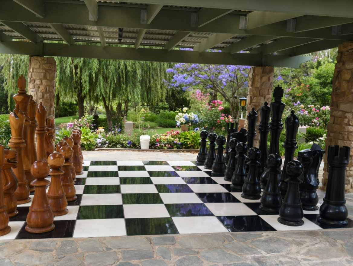 Handcrafted Giant Chess Showcase oversized outdoor chess set in luxury tropical resort environment