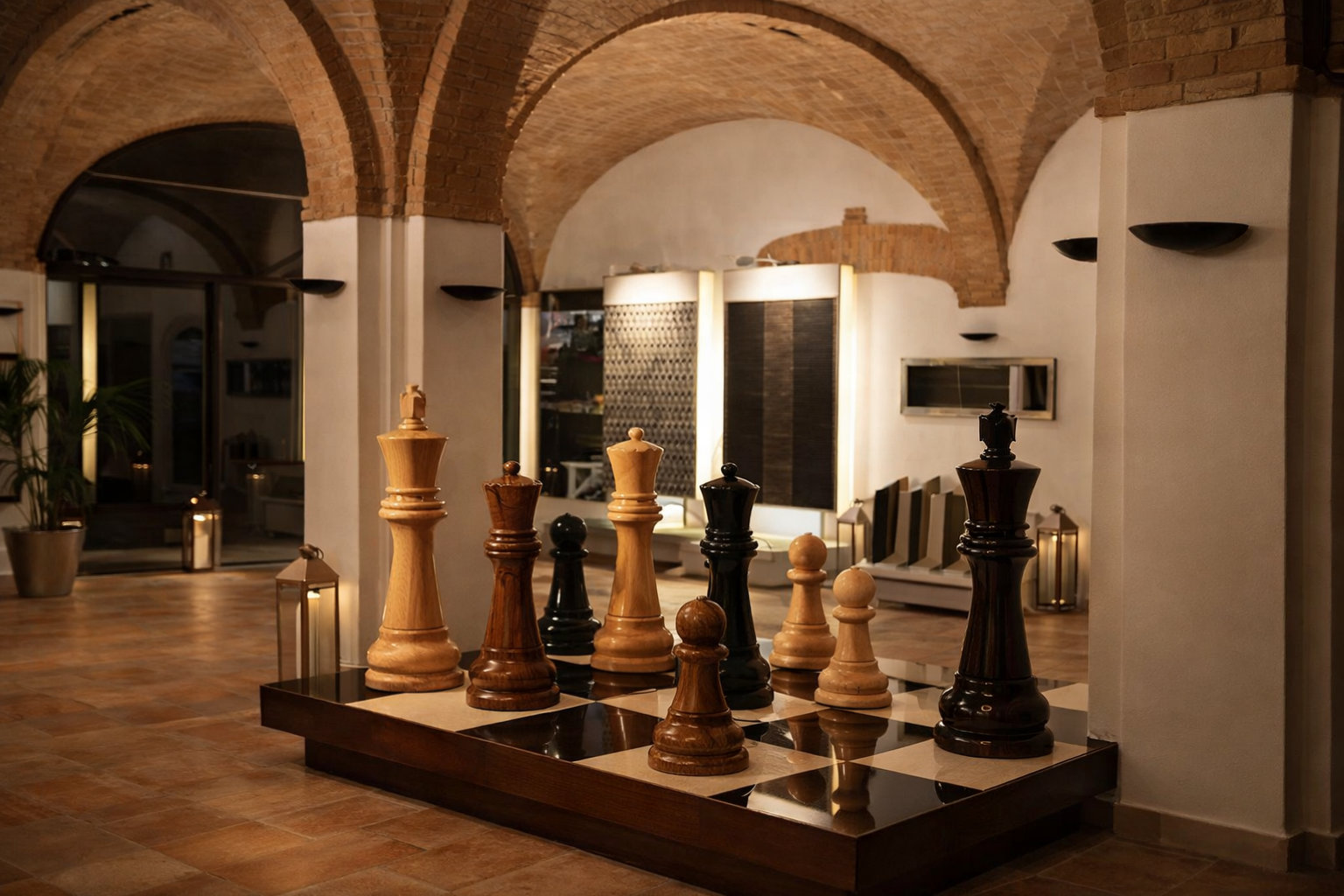 Handcrafted Giant Chess Showcase oversized outdoor chess set in luxury tropical resort environment