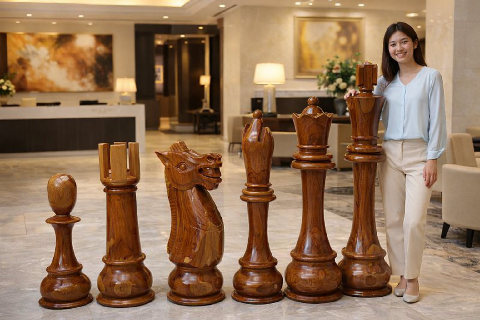 Exclusive Giant Chess Gallery oversized outdoor chess set in luxury tropical resort environment