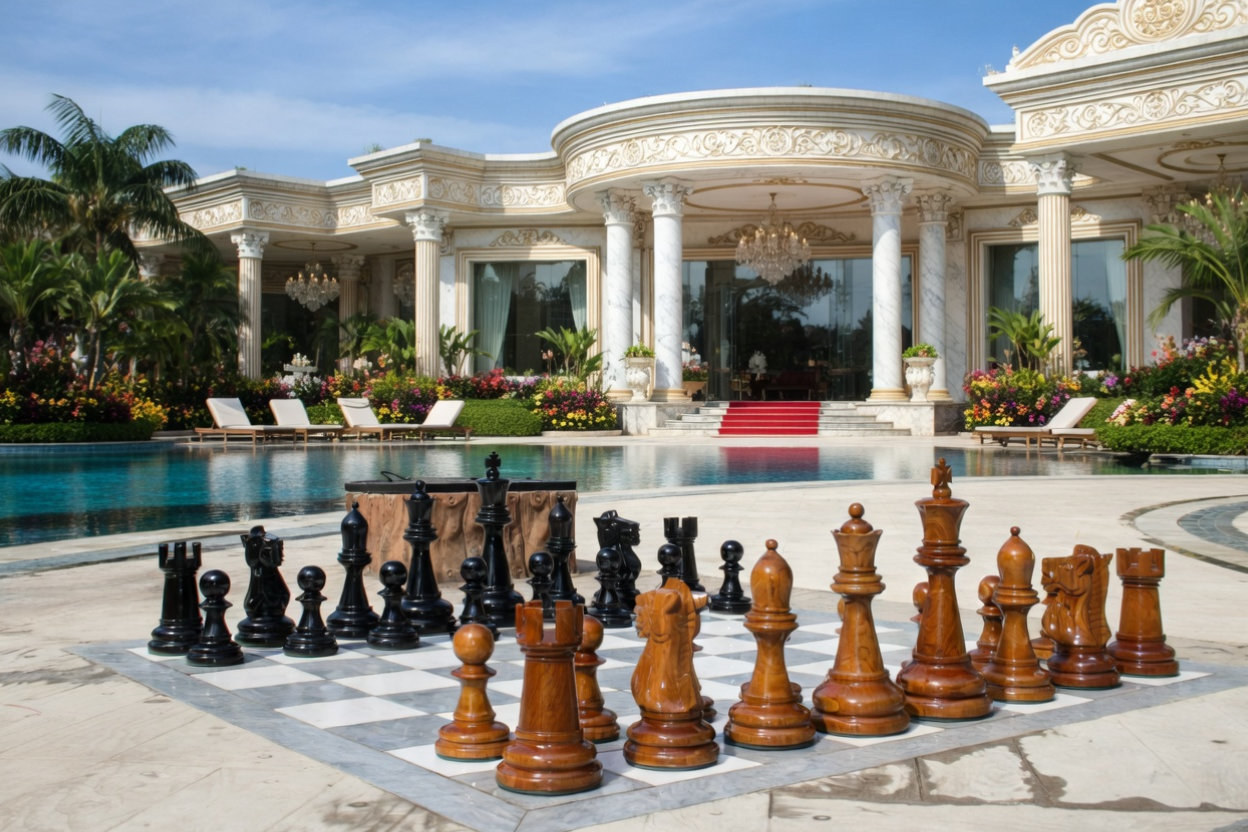 Tropical Giant Chess Escape oversized outdoor chess set in luxury tropical resort environment