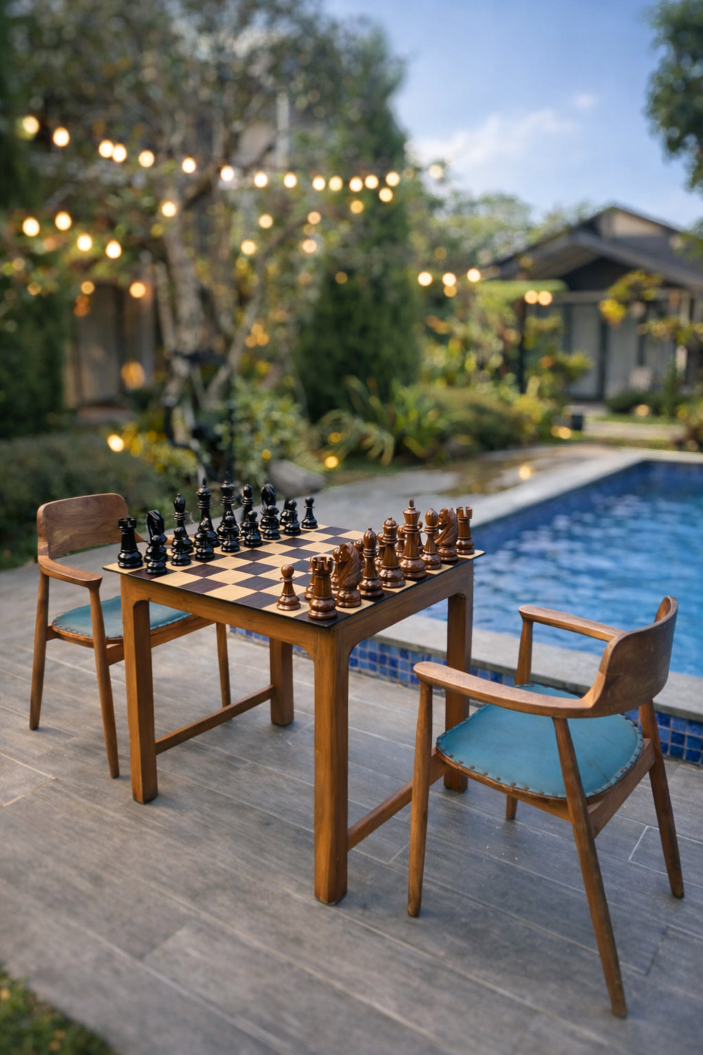 Architectural Giant Chess Design oversized outdoor chess set in luxury tropical resort environment