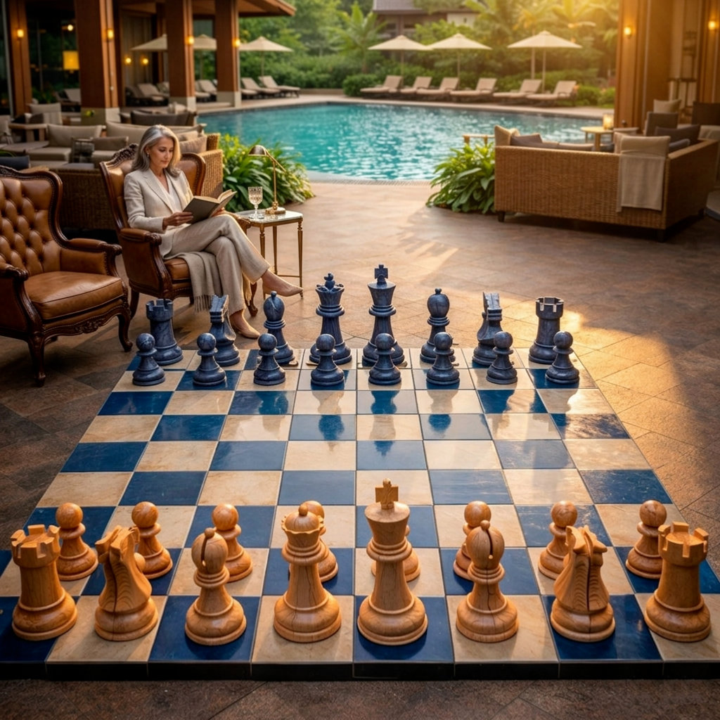 Handcrafted Giant Chess Showcase oversized outdoor chess set in luxury tropical resort environment
