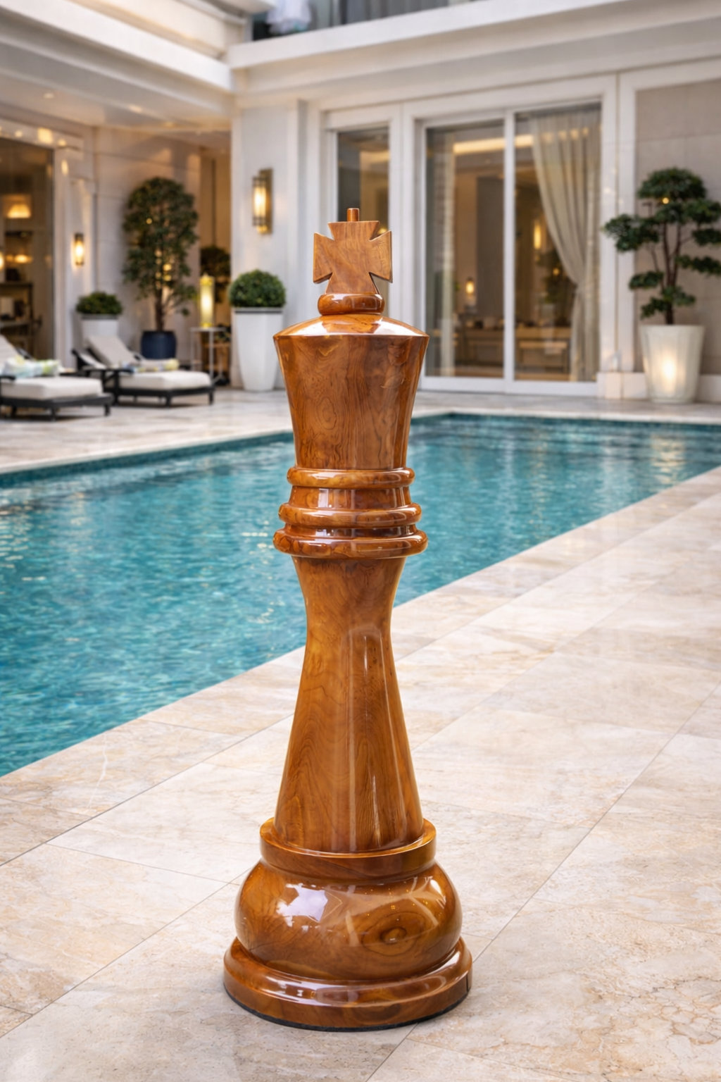 Premium Garden Chess Installation oversized outdoor chess set in luxury tropical resort environment