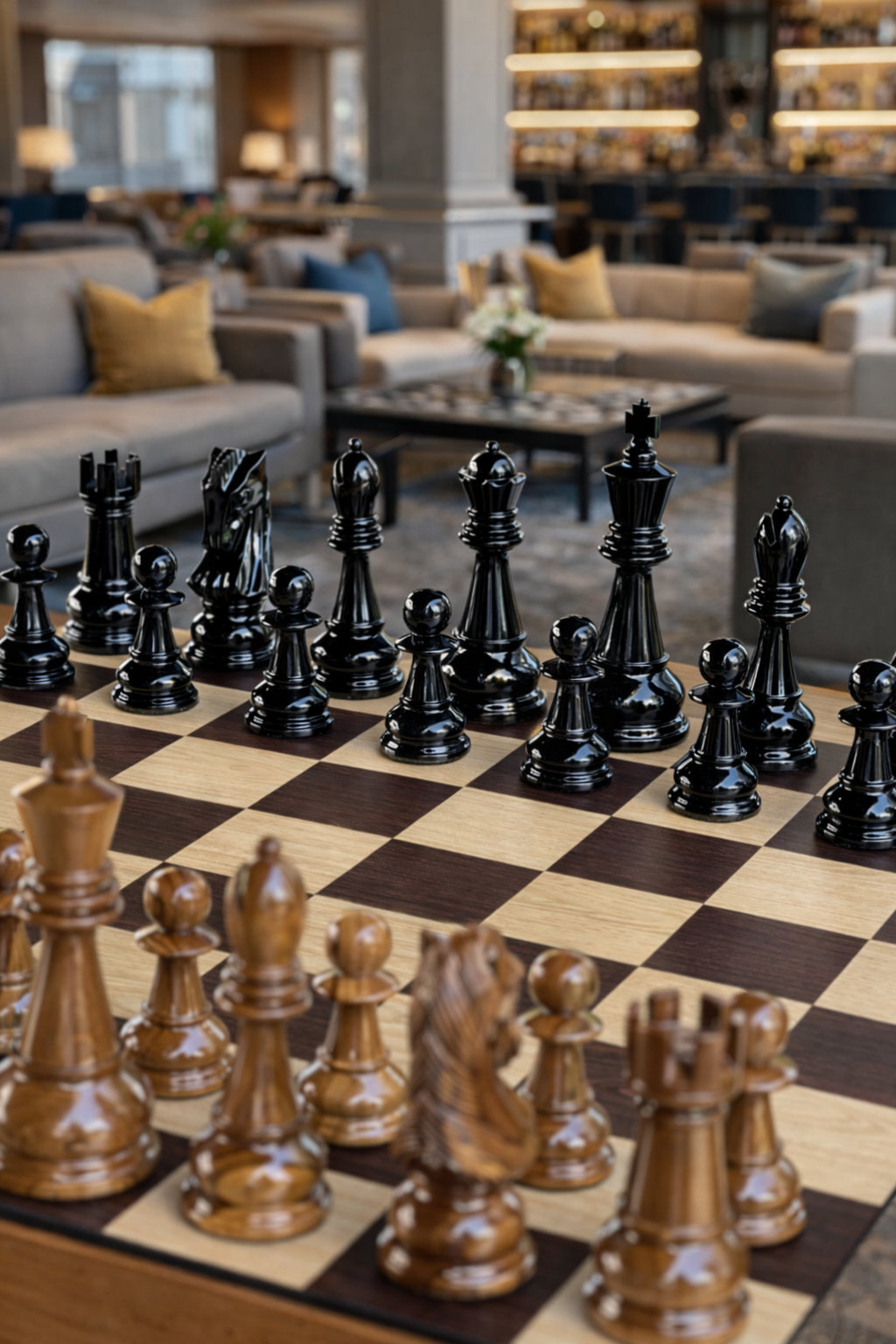 Handcrafted Giant Chess Showcase oversized outdoor chess set in luxury tropical resort environment