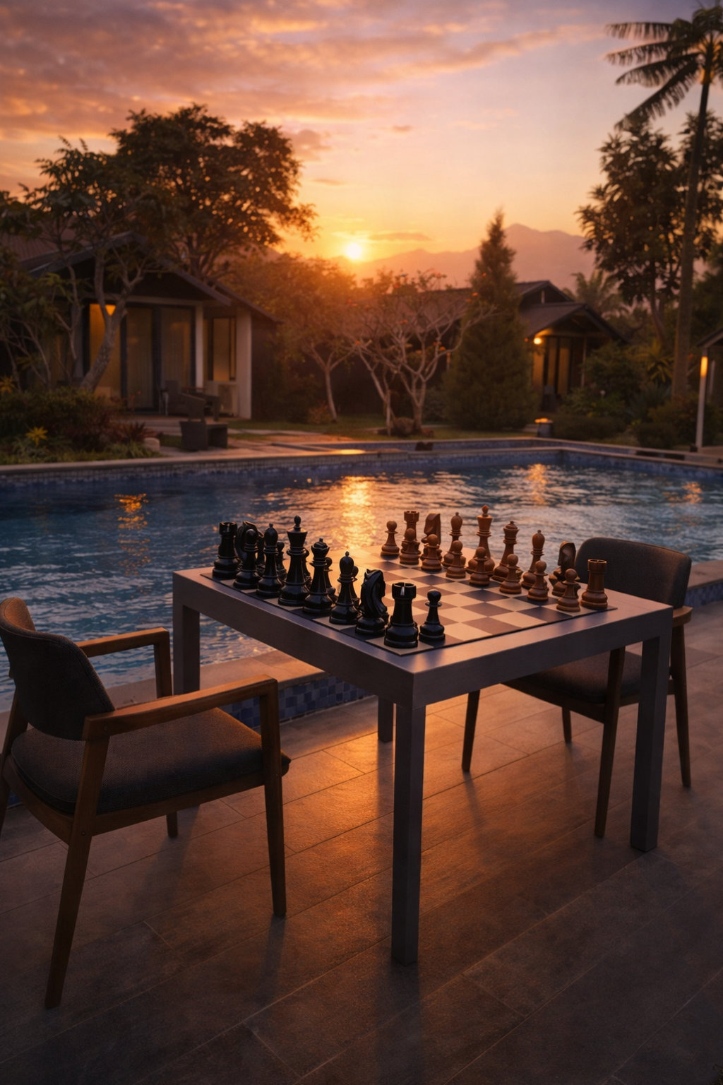 Exclusive Giant Chess Gallery oversized outdoor chess set in luxury tropical resort environment