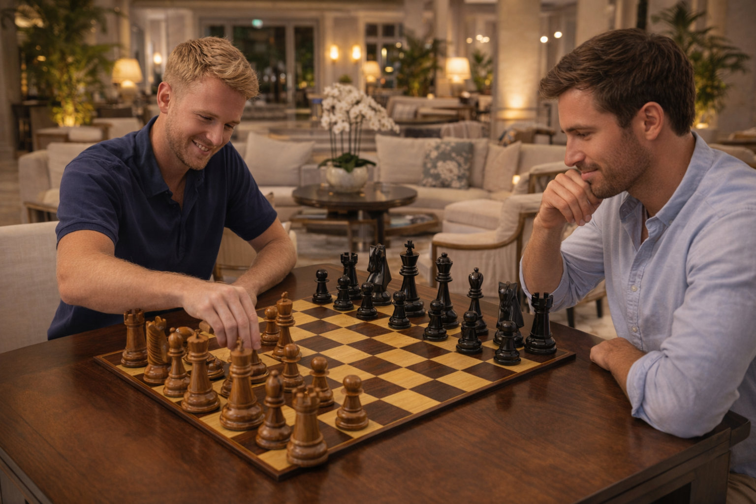 Modern Luxury Chess Lifestyle oversized outdoor chess set in luxury tropical resort environment