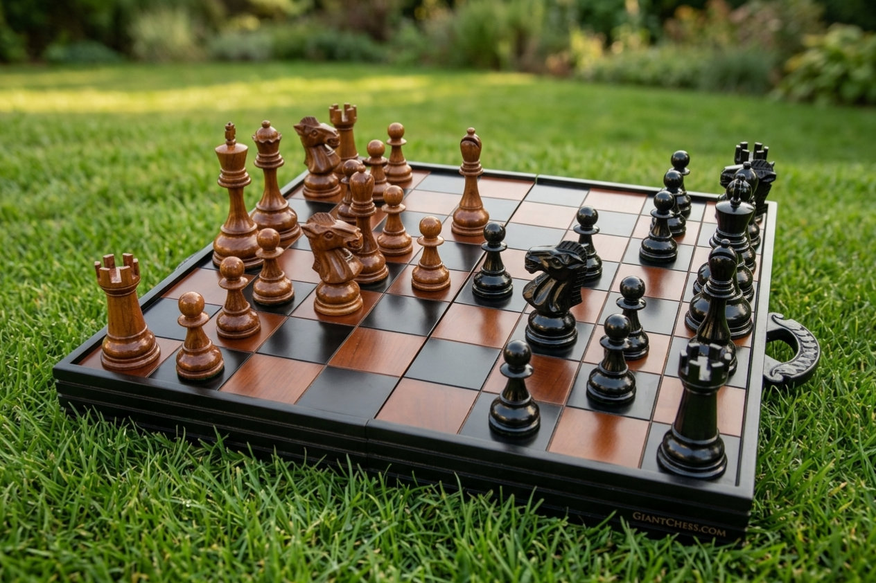 Elegant Outdoor Chess Collection oversized outdoor chess set in luxury tropical resort environment