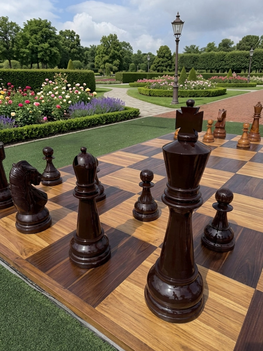Handcrafted Giant Chess Showcase oversized outdoor chess set in luxury tropical resort environment