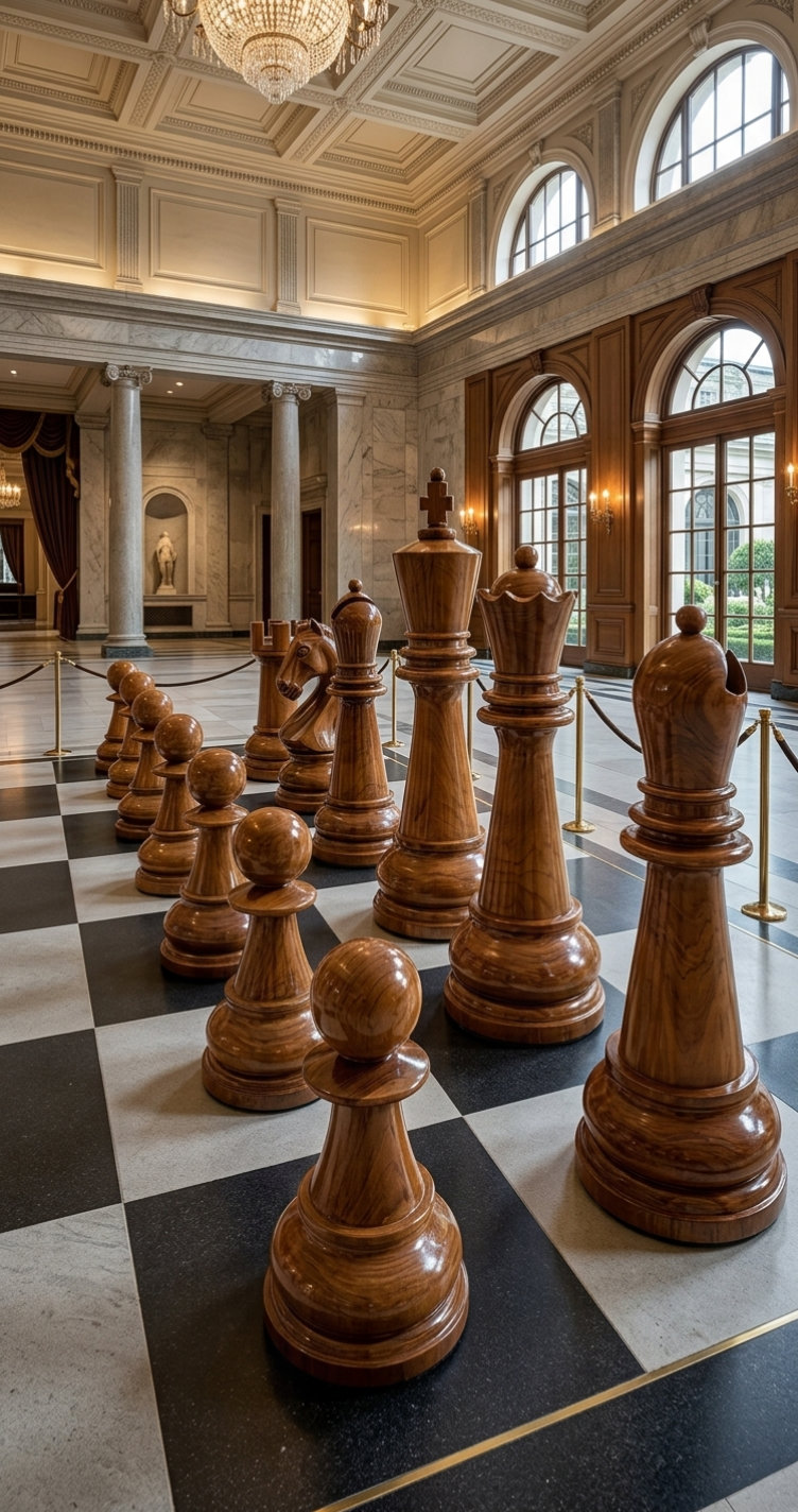 Premium Garden Chess Installation oversized outdoor chess set in luxury tropical resort environment