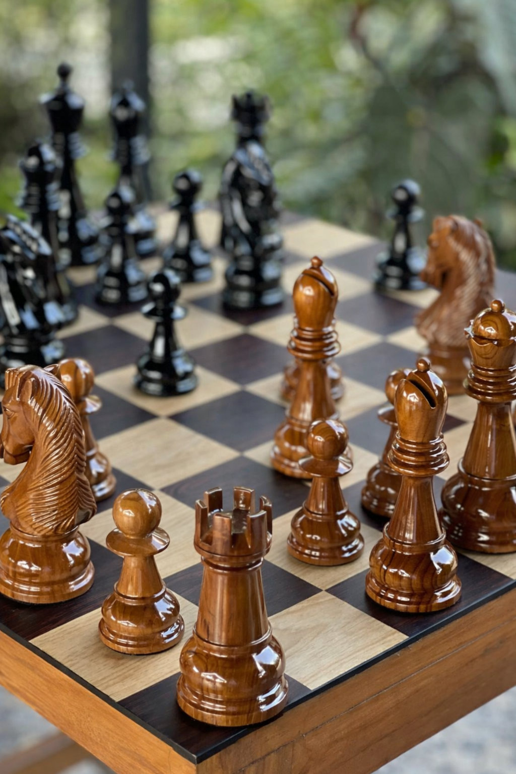 Tropical Giant Chess Escape oversized outdoor chess set in luxury tropical resort environment