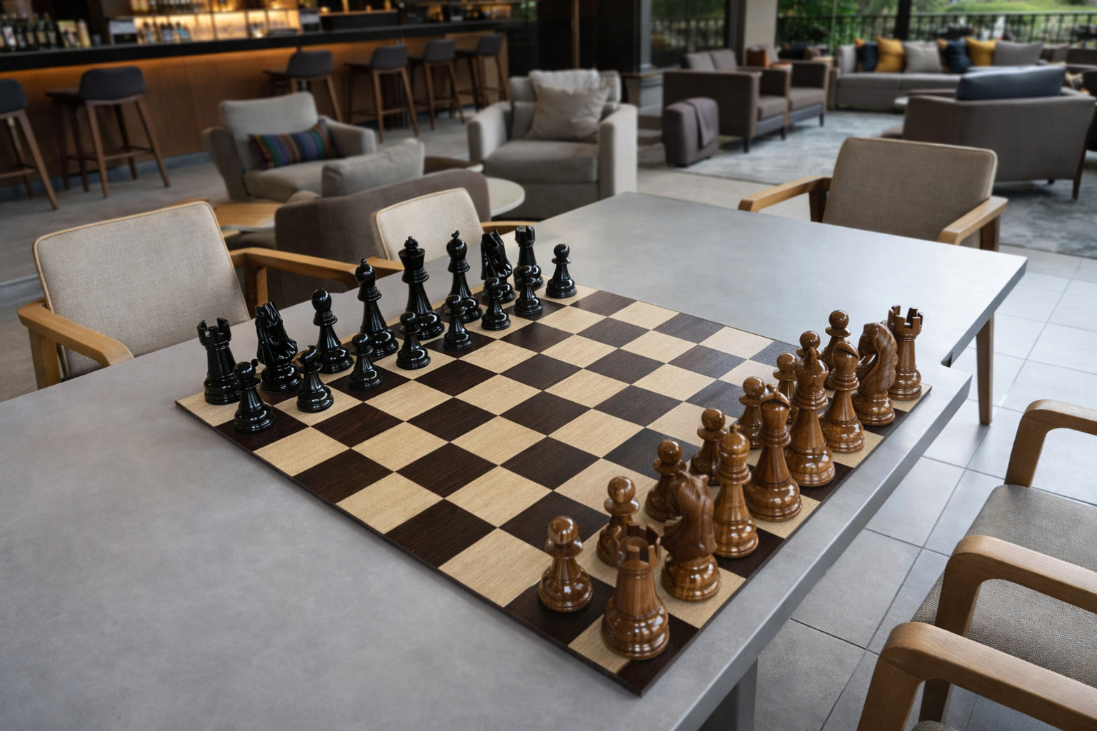 Elegant Outdoor Chess Collection oversized outdoor chess set in luxury tropical resort environment