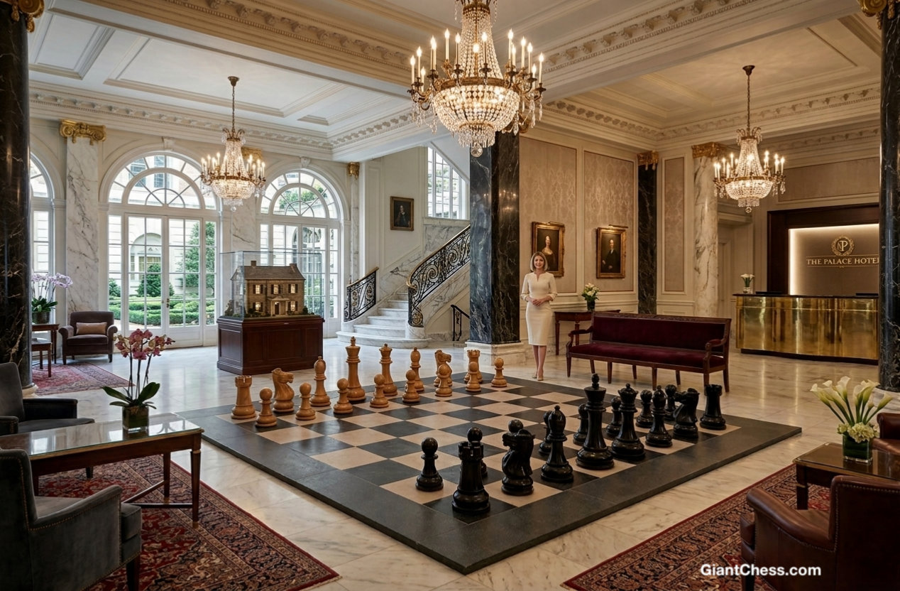 Elegant Outdoor Chess Collection oversized outdoor chess set in luxury tropical resort environment