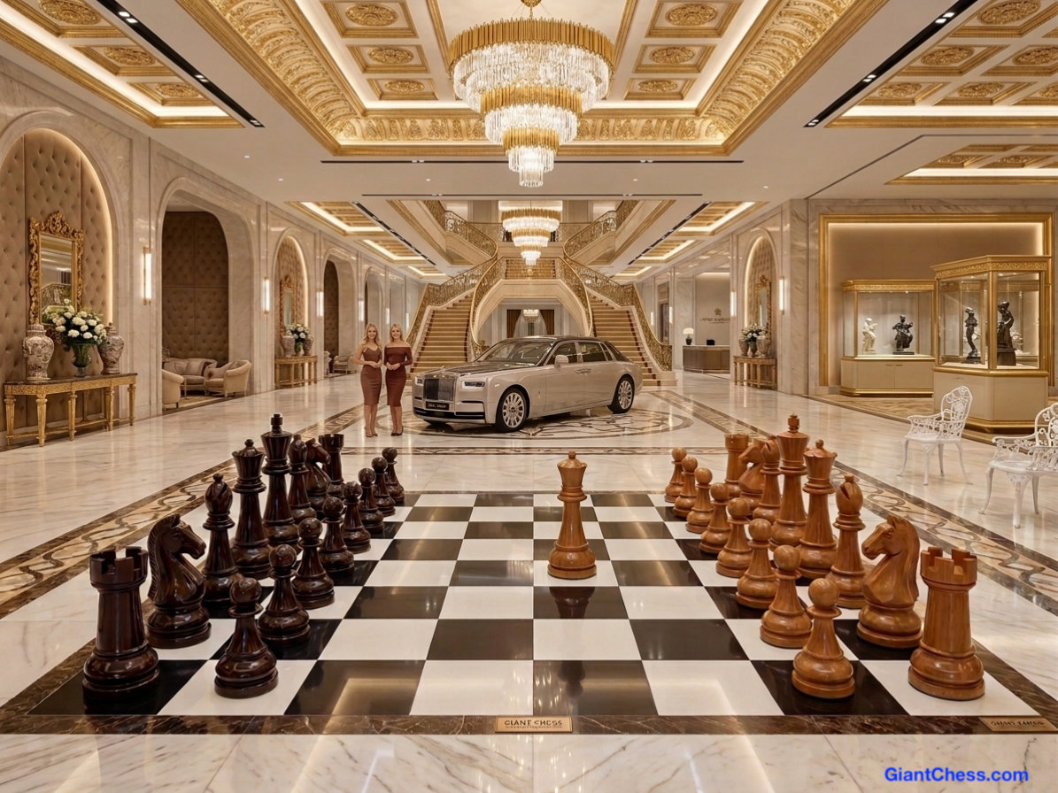Elegant Outdoor Chess Collection oversized outdoor chess set in luxury tropical resort environment