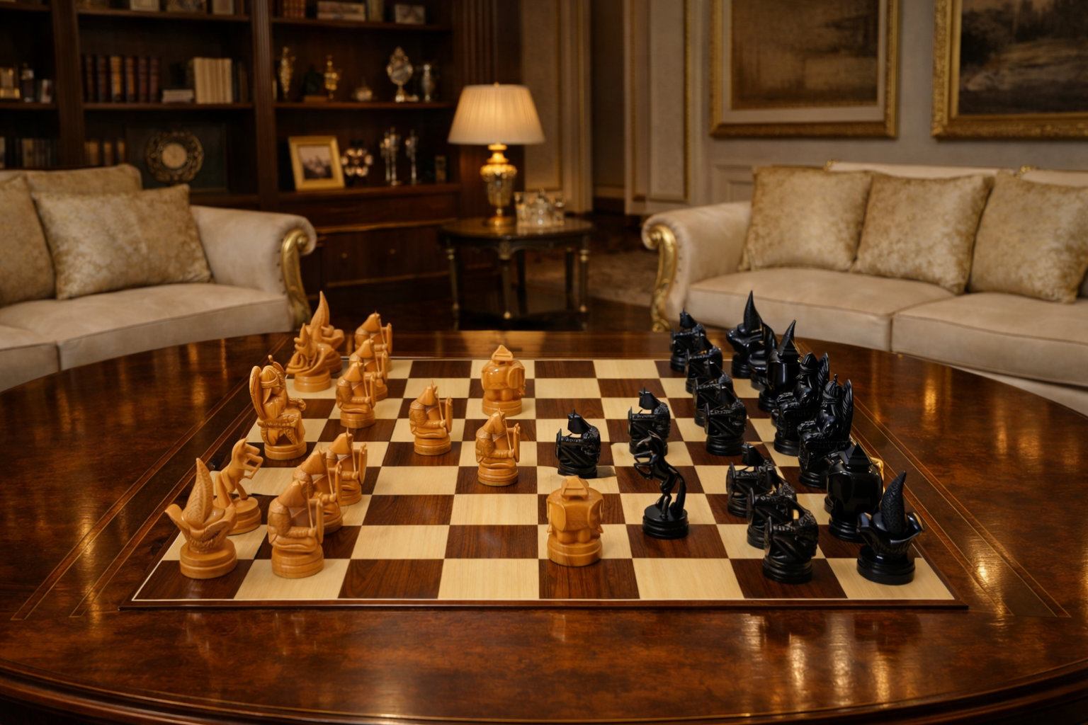 Modern Luxury Chess Lifestyle oversized outdoor chess set in luxury tropical resort environment