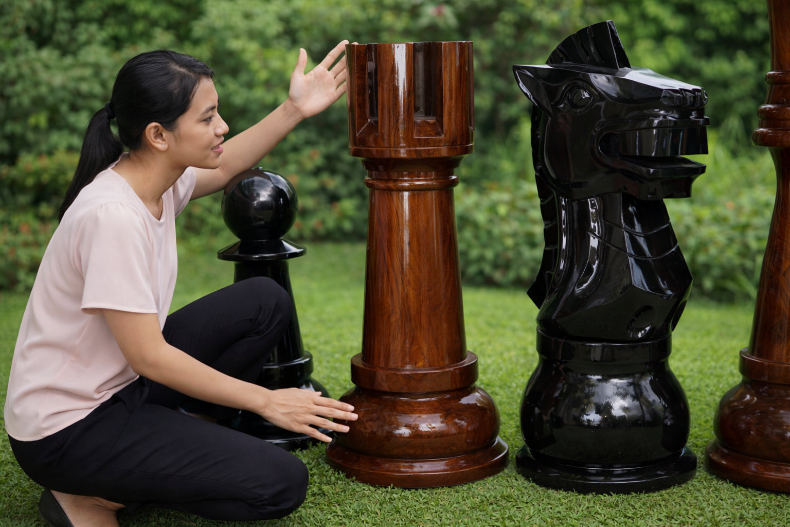 Elegant Outdoor Chess Collection oversized outdoor chess set in luxury tropical resort environment