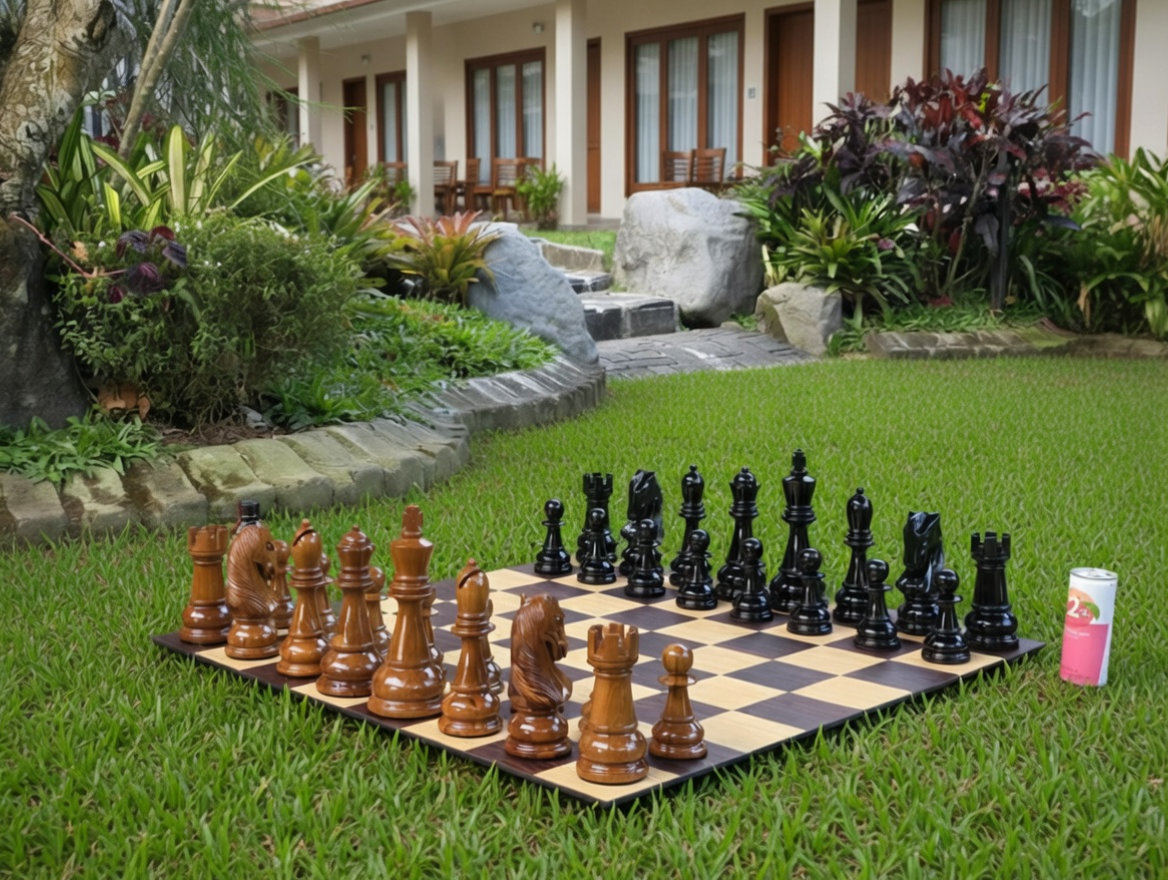 Tropical Giant Chess Escape oversized outdoor chess set in luxury tropical resort environment