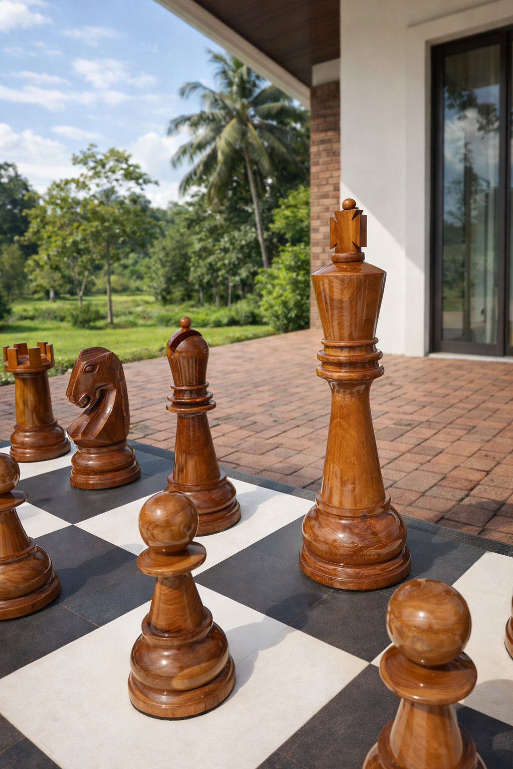Premium Garden Chess Installation oversized outdoor chess set in luxury tropical resort environment