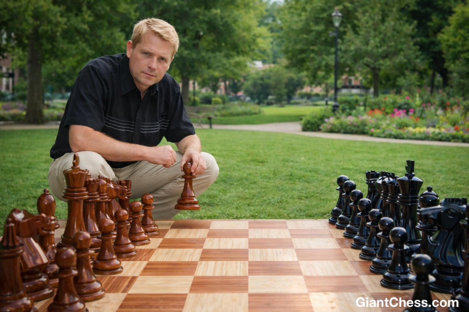 Tropical Giant Chess Escape oversized outdoor chess set in luxury tropical resort environment