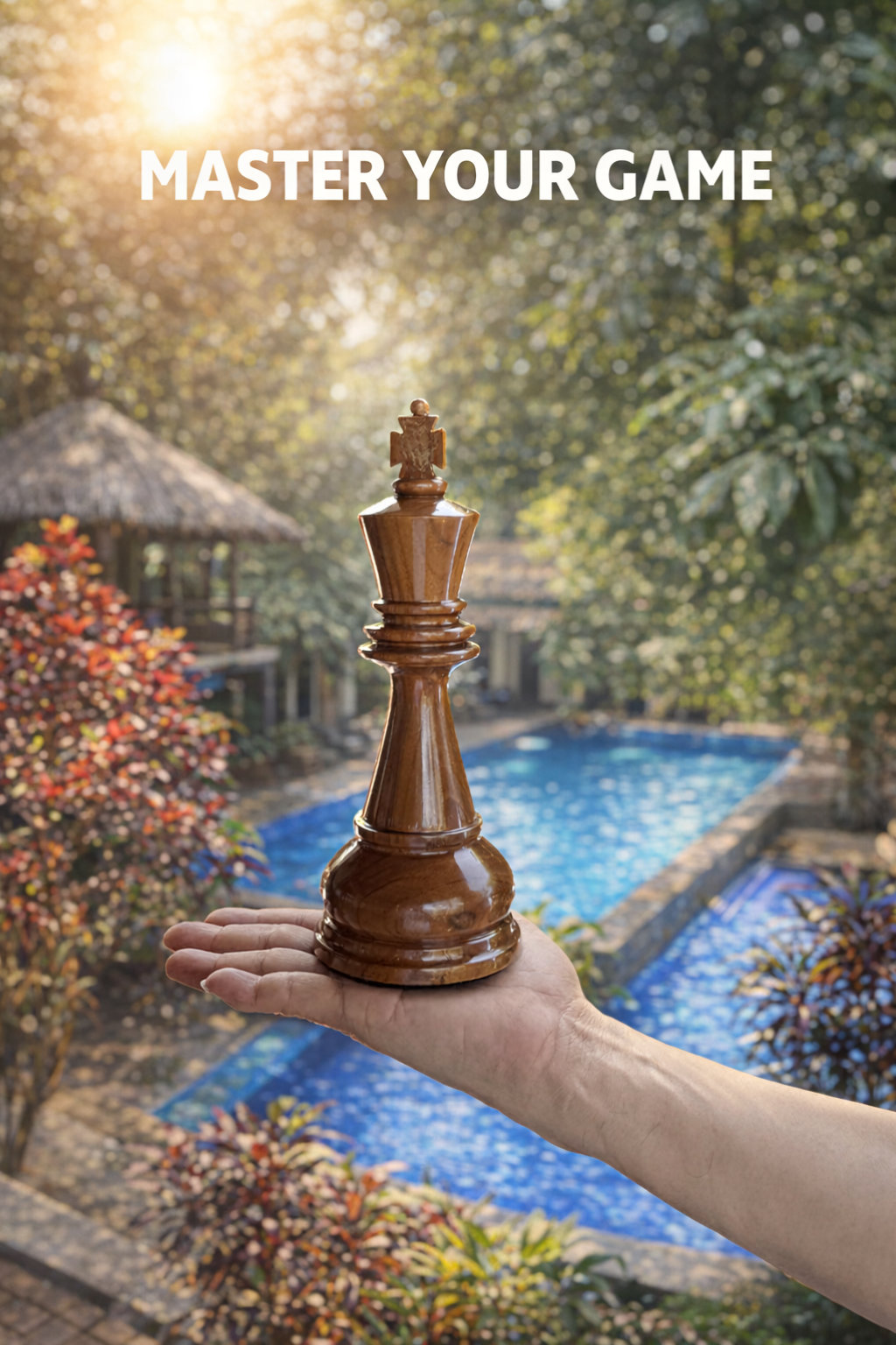 Modern Luxury Chess Lifestyle oversized outdoor chess set in luxury tropical resort environment