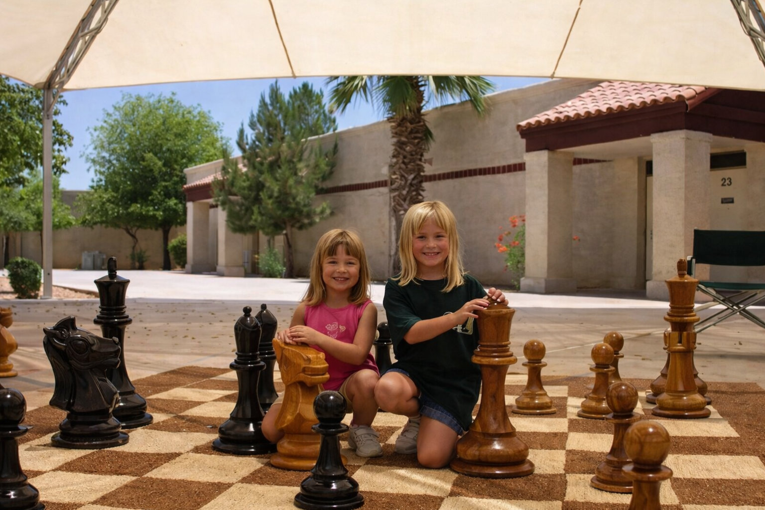 Architectural Giant Chess Design oversized outdoor chess set in luxury tropical resort environment