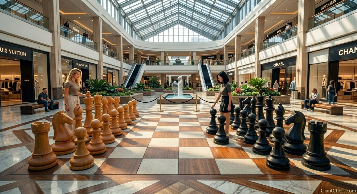 Premium Garden Chess Installation oversized outdoor chess set in luxury tropical resort environment