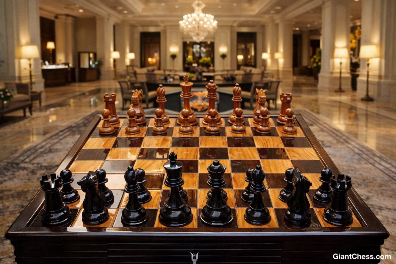 Architectural Giant Chess Design oversized outdoor chess set in luxury tropical resort environment