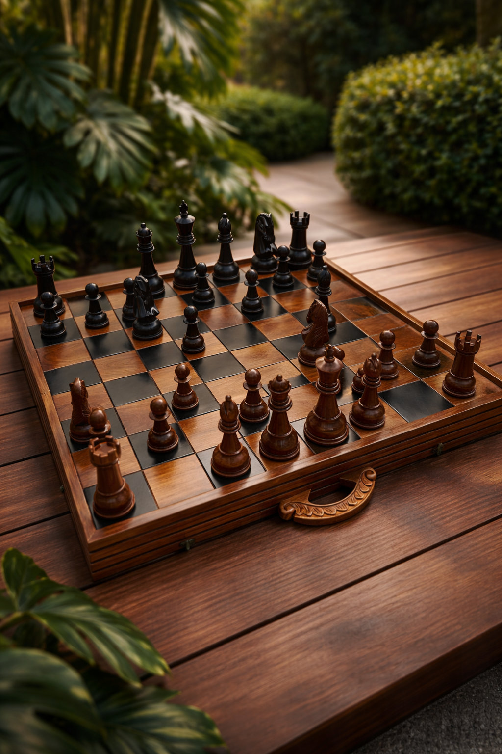 Elegant Outdoor Chess Collection oversized outdoor chess set in luxury tropical resort environment
