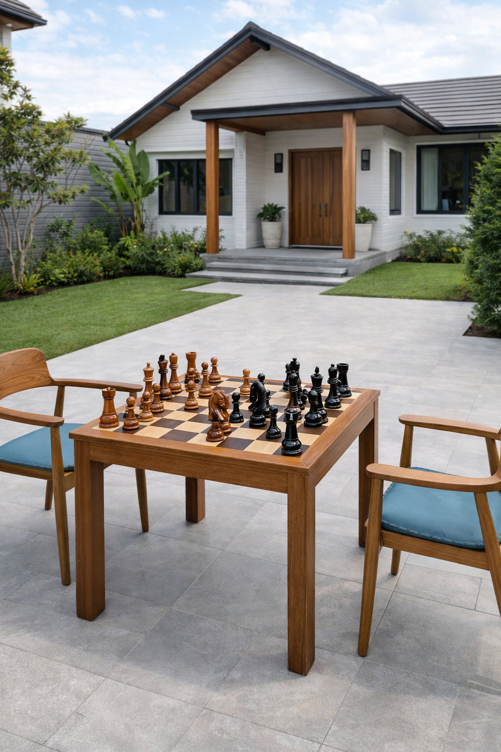 Architectural Giant Chess Design oversized outdoor chess set in luxury tropical resort environment