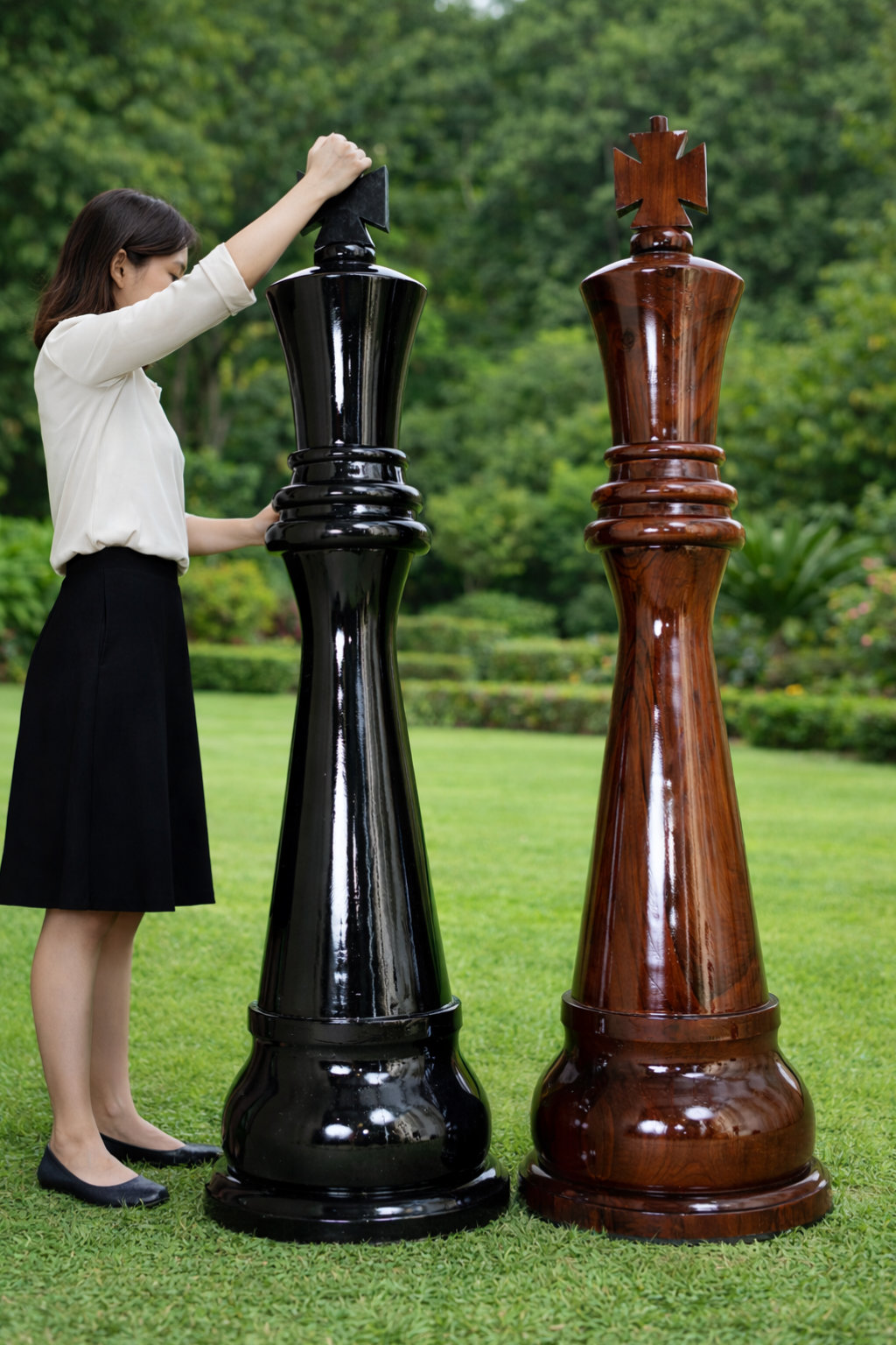 Premium Garden Chess Installation oversized outdoor chess set in luxury tropical resort environment