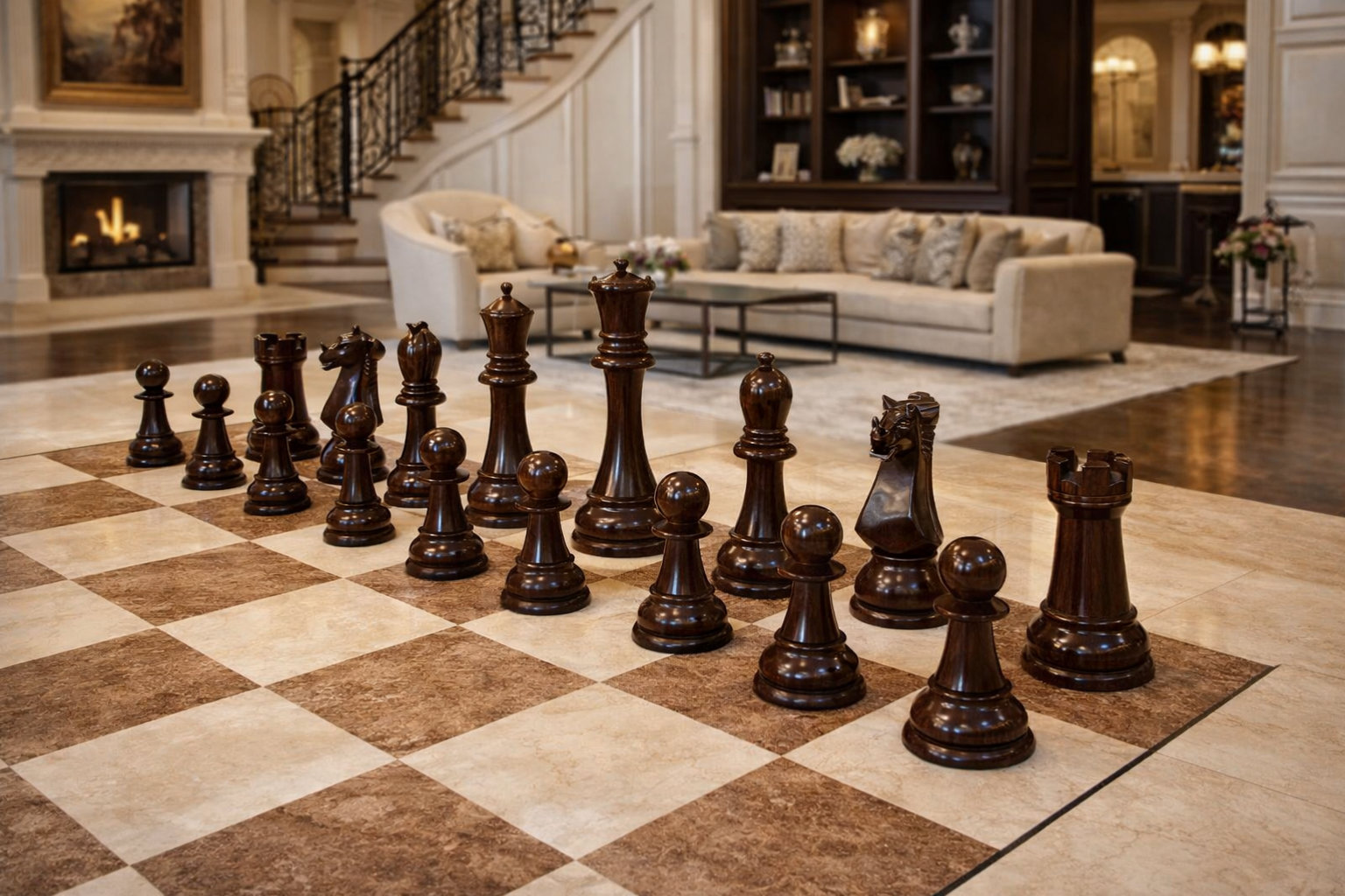 Elegant Outdoor Chess Collection oversized outdoor chess set in luxury tropical resort environment