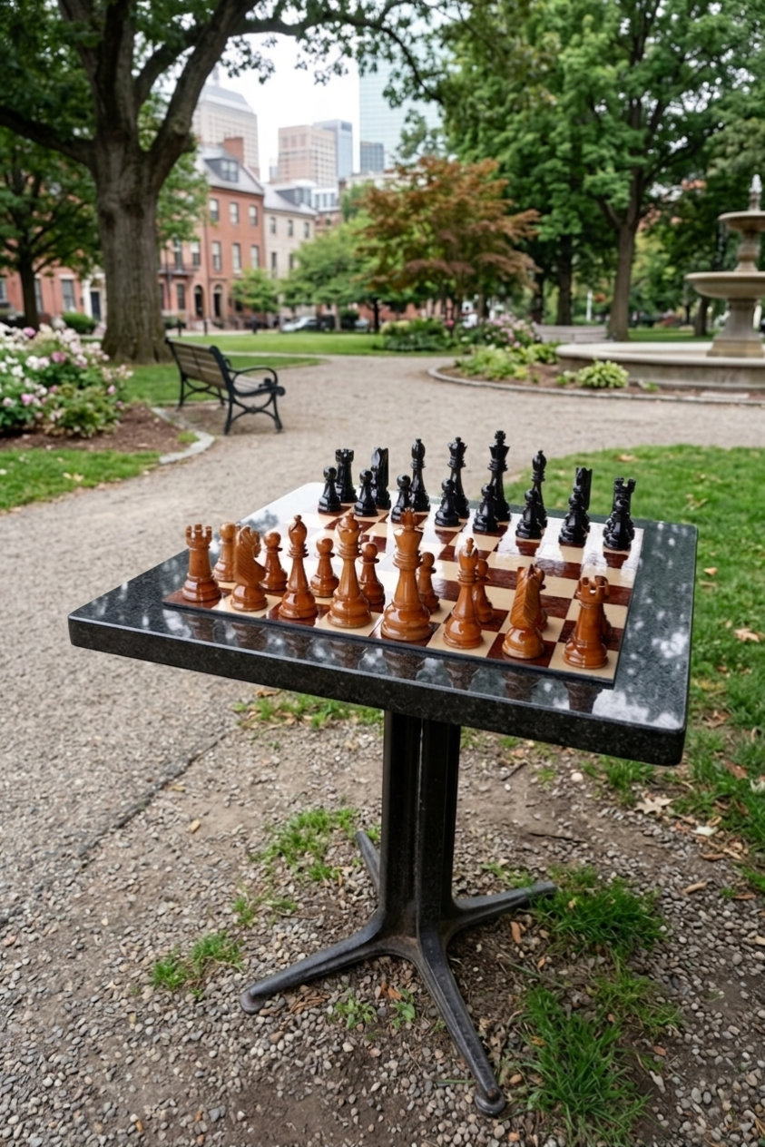 Modern Luxury Chess Lifestyle oversized outdoor chess set in luxury tropical resort environment
