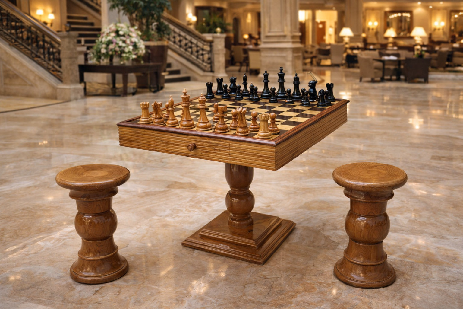 Premium Garden Chess Installation oversized outdoor chess set in luxury tropical resort environment