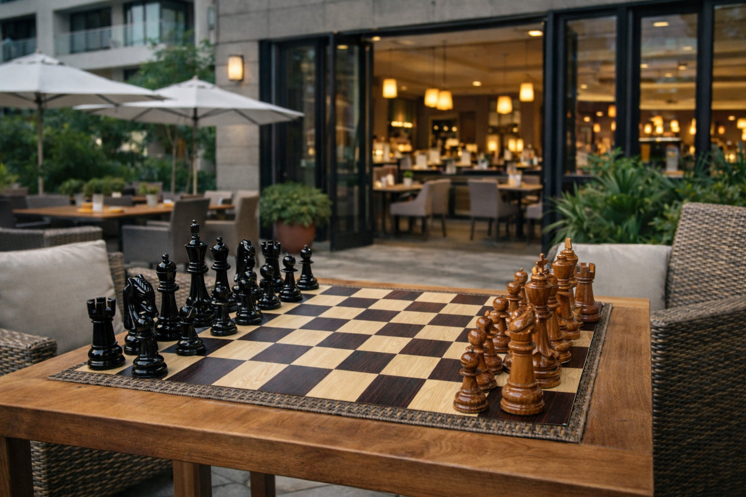 Elegant Outdoor Chess Collection oversized outdoor chess set in luxury tropical resort environment