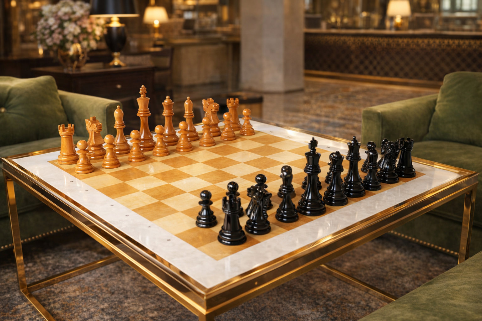 Elegant Outdoor Chess Collection oversized outdoor chess set in luxury tropical resort environment