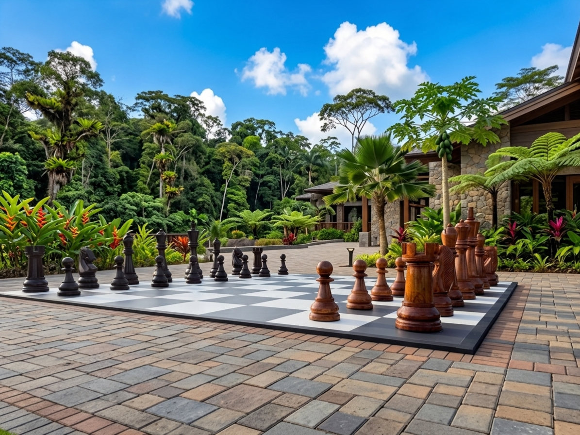 Architectural Giant Chess Design oversized outdoor chess set in luxury tropical resort environment