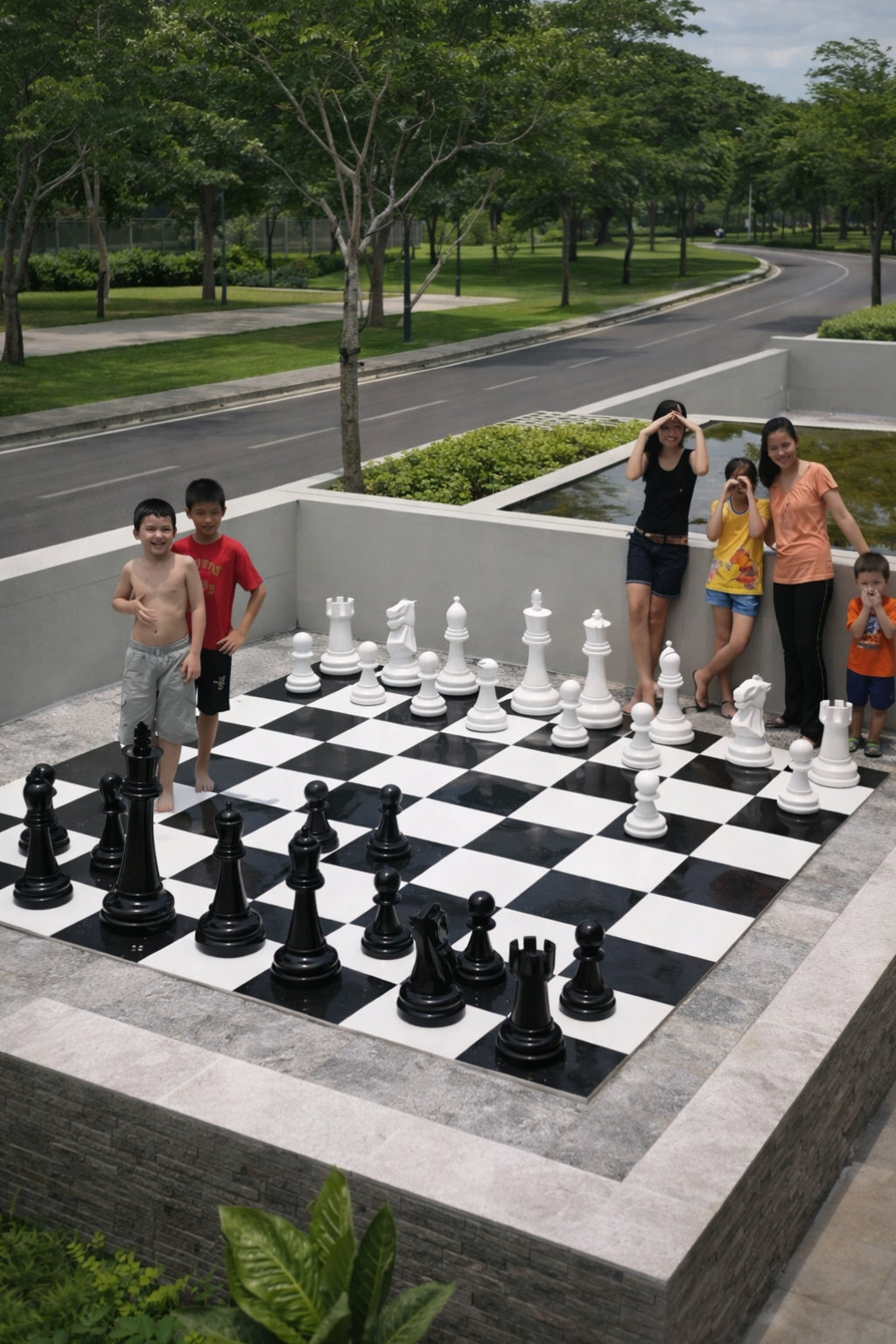 Exclusive Giant Chess Gallery oversized outdoor chess set in luxury tropical resort environment