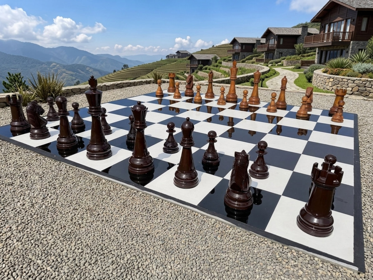 Premium Garden Chess Installation oversized outdoor chess set in luxury tropical resort environment