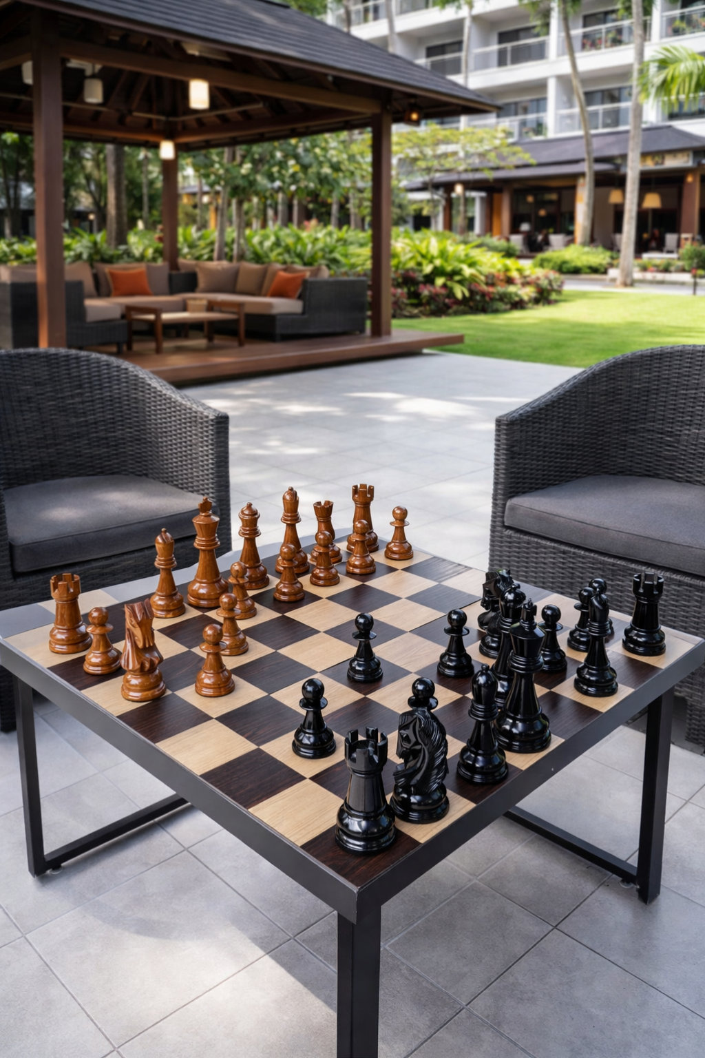 Handcrafted Giant Chess Showcase oversized outdoor chess set in luxury tropical resort environment