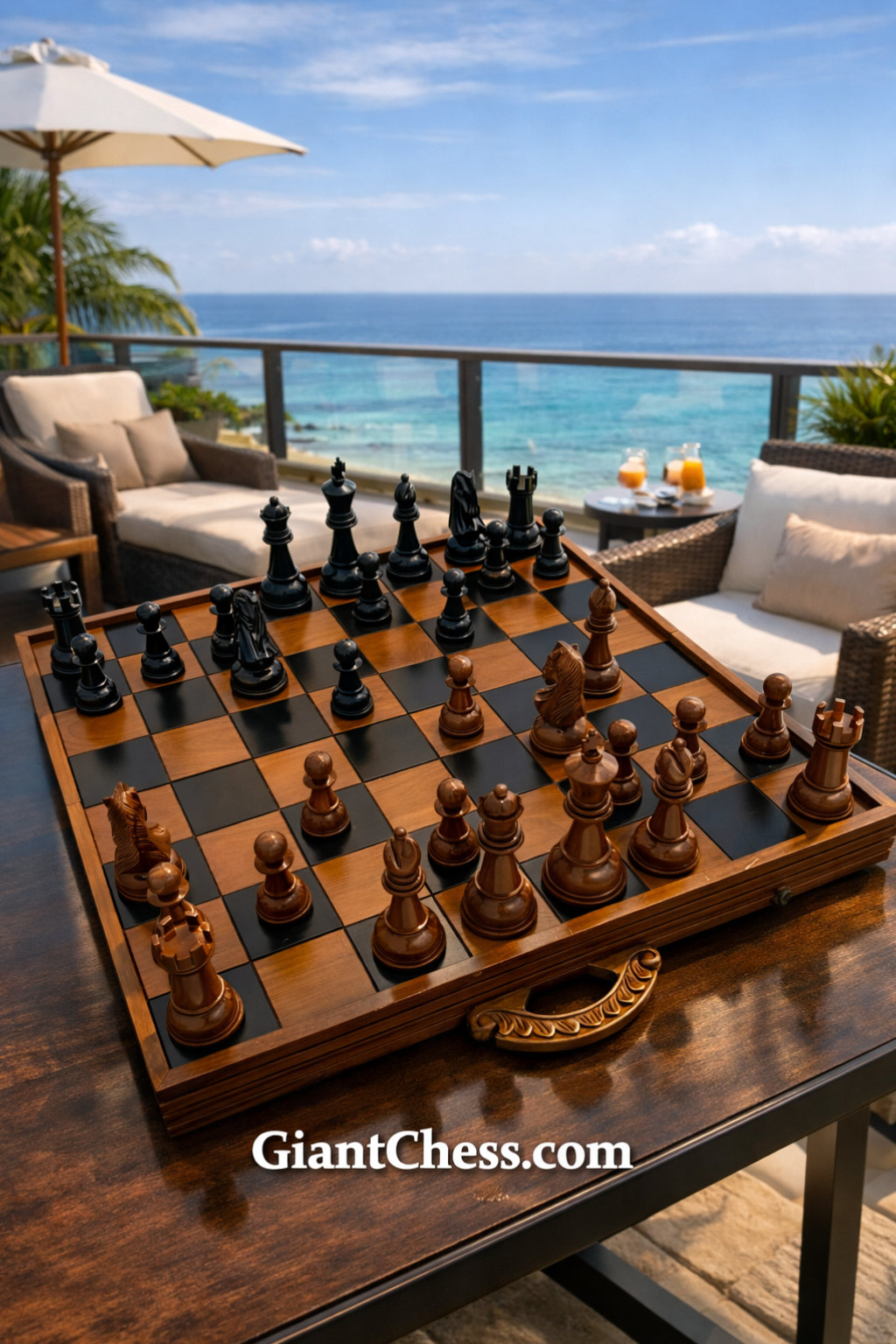 Handcrafted Giant Chess Showcase oversized outdoor chess set in luxury tropical resort environment